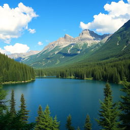 A beautiful landscape featuring a serene lake surrounded by lush green forests and majestic mountains in the background, with a clear blue sky and fluffy white clouds