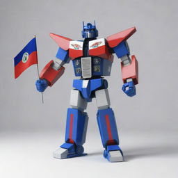 A 3D model of a Transformer robot proudly holding the Belize flag, defined by a blue field with two red stripes and Belize's coat of arms on a white disc.