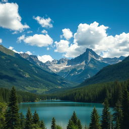 A beautiful landscape featuring a serene lake surrounded by lush green forests and majestic mountains in the background, with a clear blue sky and fluffy white clouds