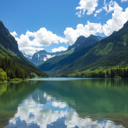 A beautiful landscape featuring a serene lake surrounded by lush green forests and majestic mountains in the background, with a clear blue sky and fluffy white clouds