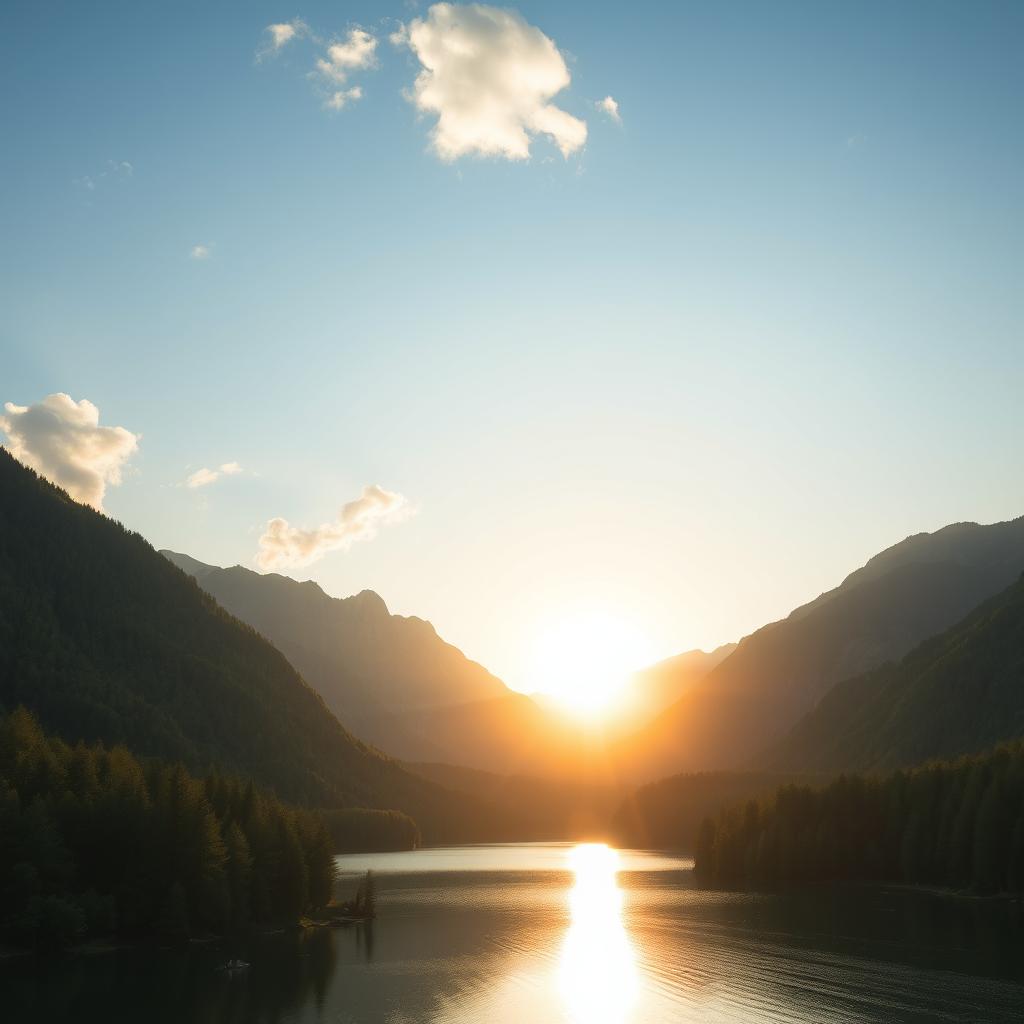 A scenic landscape featuring a serene lake surrounded by lush green forests and mountains in the background