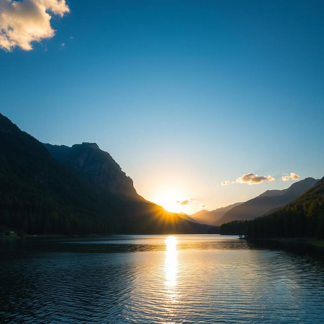 A scenic landscape featuring a serene lake surrounded by lush green forests and mountains in the background