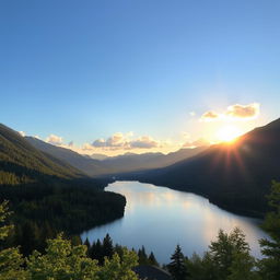 A scenic landscape featuring a serene lake surrounded by lush green forests and mountains in the background