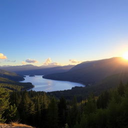 A scenic landscape featuring a serene lake surrounded by lush green forests and mountains in the background