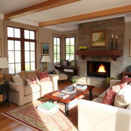 A cozy room inside a home, featuring a comfortable sofa, a coffee table with books, and a warm fireplace