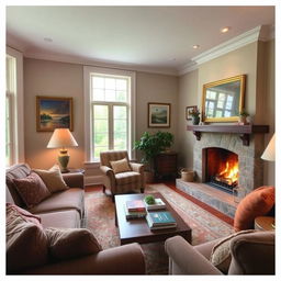 A cozy room inside a home, featuring a comfortable sofa, a coffee table with books, and a warm fireplace