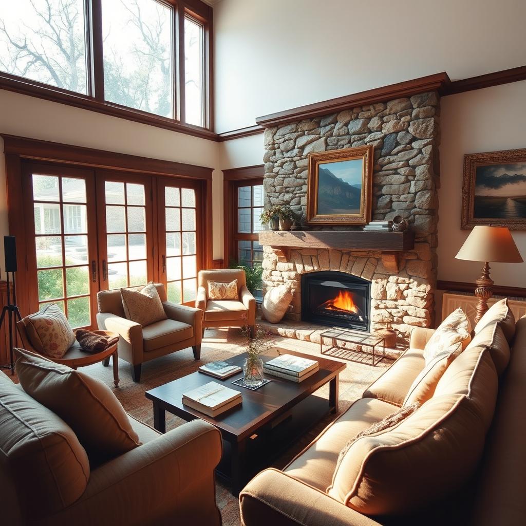 A cozy room inside a home, featuring a comfortable sofa, a coffee table with books, and a warm fireplace