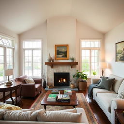 A cozy room inside a home, featuring a comfortable sofa, a coffee table with books, and a warm fireplace