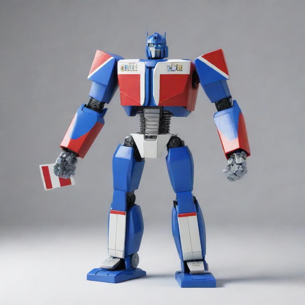 A 3D model of a Transformer robot proudly holding the Belize flag, defined by a blue field with two red stripes and Belize's coat of arms on a white disc.