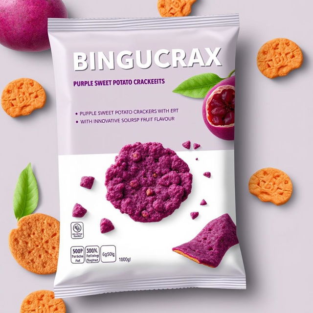 A proposal cover design for a product featuring purple sweet potato crackers with an innovative soursop fruit flavor