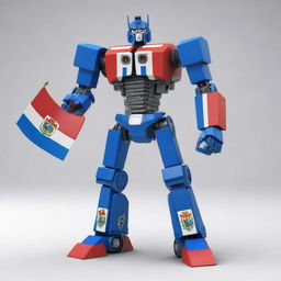 A 3D model of a Transformer robot proudly holding the Belize flag, defined by a blue field with two red stripes and Belize's coat of arms on a white disc.