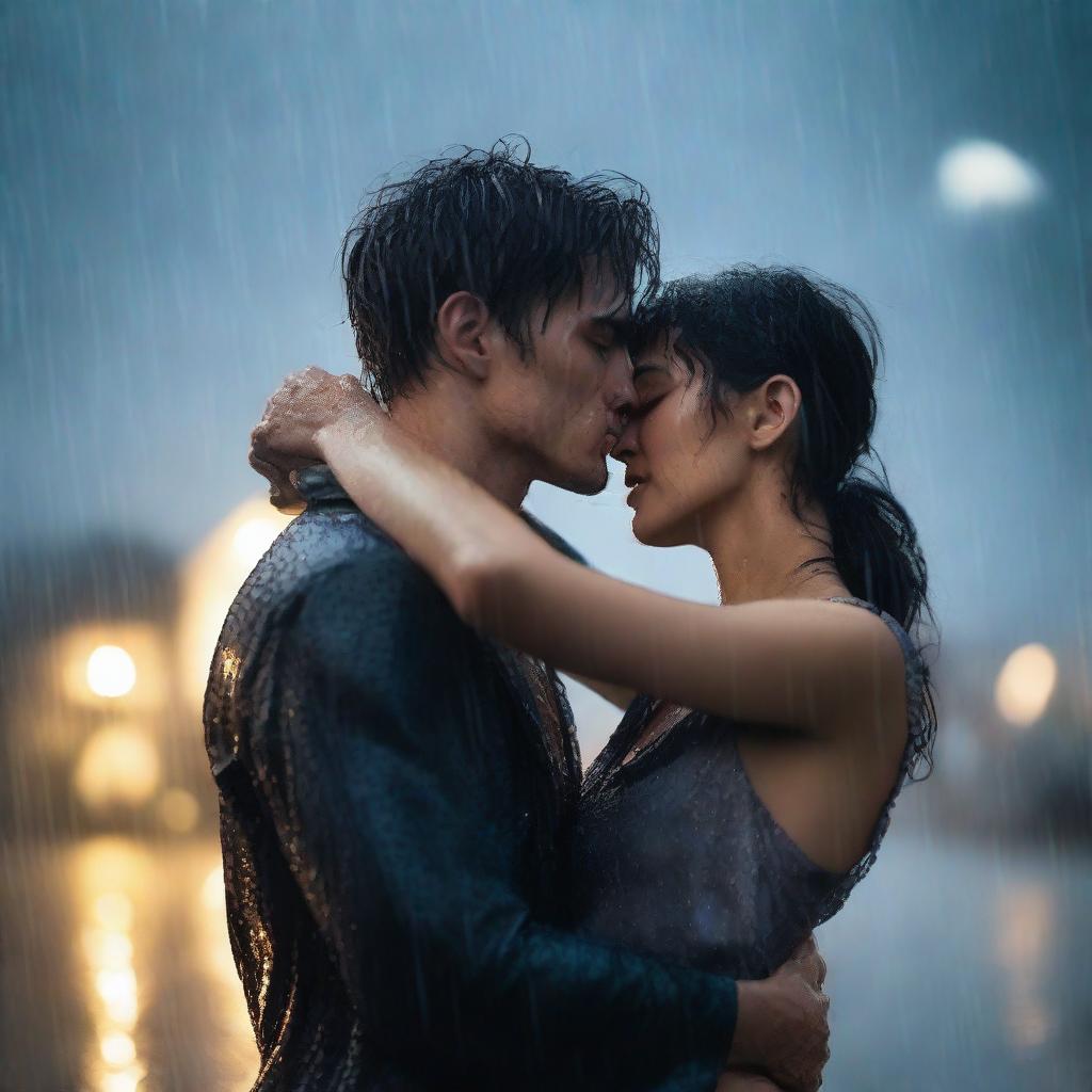 A dramatic scene of a handsome young man giving a final kiss to a shorter woman under heavy rain on a cloudy night