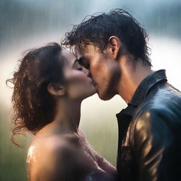 A dramatic scene of a handsome young man giving a final kiss to a shorter woman under heavy rain on a cloudy night