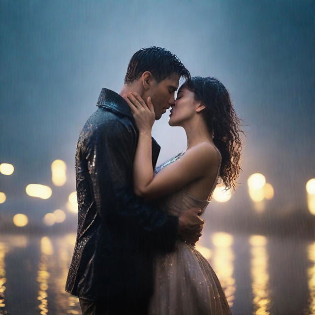 A dramatic scene of a handsome young man giving a final kiss to a shorter woman under heavy rain on a cloudy night