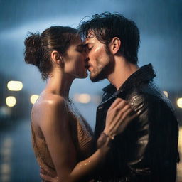 A dramatic scene of a handsome young man giving a final kiss to a shorter woman under heavy rain on a cloudy night