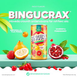 Create a poster or pamphlet for the product 'BINGUCRAX' featuring innovative flavors such as sapodilla, soursop, and pomegranate