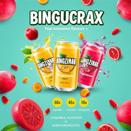 Create a poster or pamphlet for the product 'BINGUCRAX' featuring innovative flavors such as sapodilla, soursop, and pomegranate