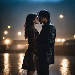 A poignant scene of a handsome man giving a final kiss to a shorter girl under heavy rain on a night