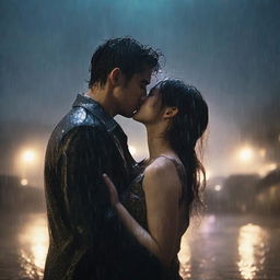 A poignant scene of a handsome man giving a final kiss to a shorter girl under heavy rain on a night