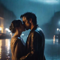 A poignant scene of a handsome man giving a final kiss to a shorter girl under heavy rain on a night