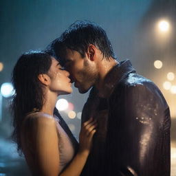 A poignant scene of a handsome man giving a final kiss to a shorter girl under heavy rain on a night