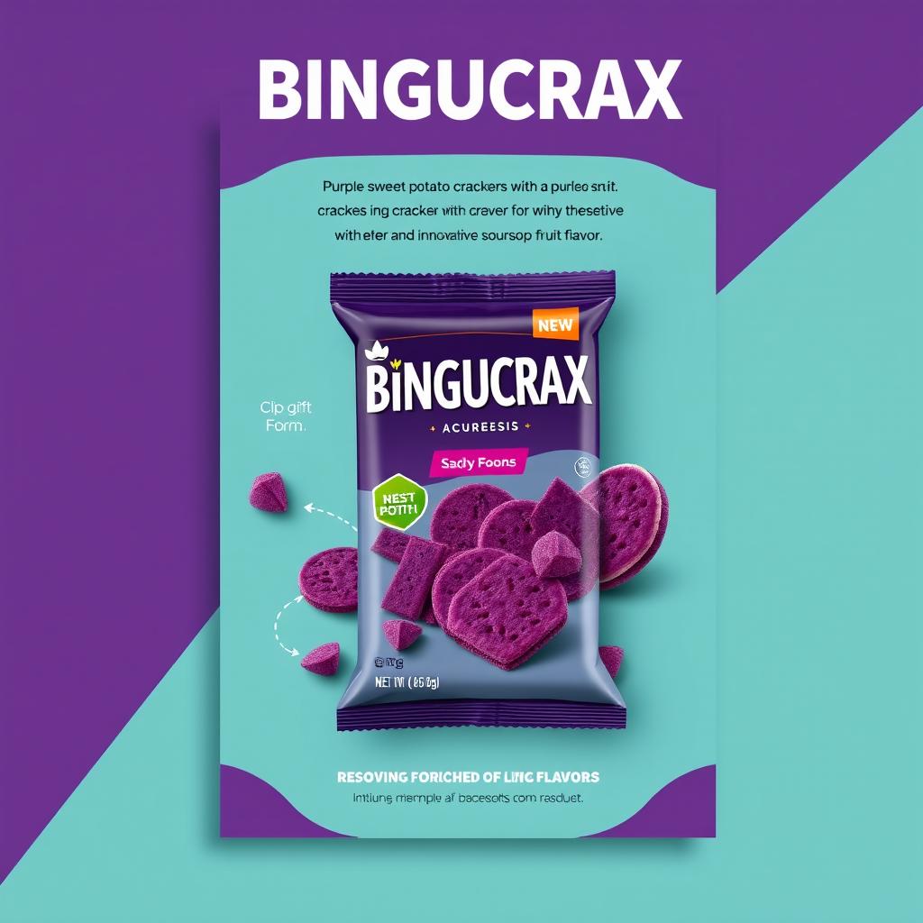 A professional and visually appealing poster design for a product featuring purple sweet potato crackers with an innovative soursop fruit flavor