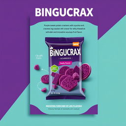 A professional and visually appealing poster design for a product featuring purple sweet potato crackers with an innovative soursop fruit flavor