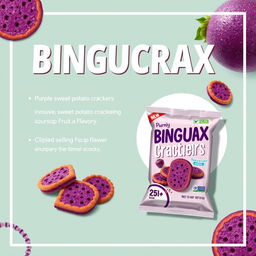 A professional and visually appealing poster design for a product featuring purple sweet potato crackers with an innovative soursop fruit flavor