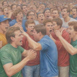 Transform the previous colored pencil sketch scene showing football fans arguing, now depicting them getting along well and celebrating together in unity.