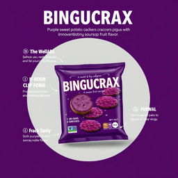 A professional and visually appealing poster design for a product featuring purple sweet potato crackers with an innovative soursop fruit flavor