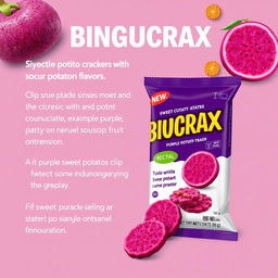 A professional and visually appealing poster design for a product featuring purple sweet potato crackers with an innovative soursop fruit flavor