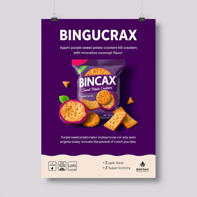 A professional and visually appealing poster design for a product featuring purple sweet potato crackers with an innovative soursop fruit flavor