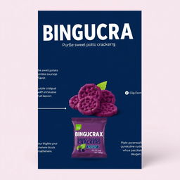 A professional and visually appealing poster design for a product featuring purple sweet potato crackers with an innovative soursop fruit flavor