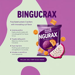 A professional and visually appealing poster design for a product featuring purple sweet potato crackers with an innovative soursop fruit flavor