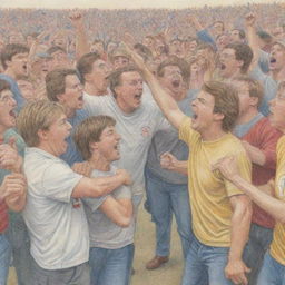 Transform the previous colored pencil sketch scene showing football fans arguing, now depicting them getting along well and celebrating together in unity.