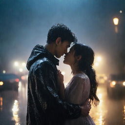 A poignant scene of a handsome young man giving a final kiss and hug to a shorter girl under heavy rain on a night