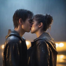 A poignant scene of a handsome young man giving a final kiss and hug to a shorter girl under heavy rain on a night