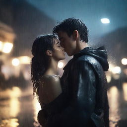 A poignant scene of a handsome young man giving a final kiss and hug to a shorter girl under heavy rain on a night