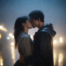 A poignant scene of a handsome young man giving a final kiss and hug to a shorter girl under heavy rain on a night