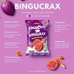 A professional and visually appealing poster design for a product featuring purple sweet potato crackers with an innovative soursop fruit flavor