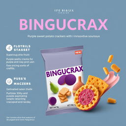 A professional and visually appealing poster design for a product featuring purple sweet potato crackers with an innovative soursop fruit flavor