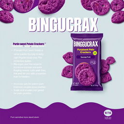 A professional and visually appealing poster design for a product featuring purple sweet potato crackers with an innovative soursop fruit flavor