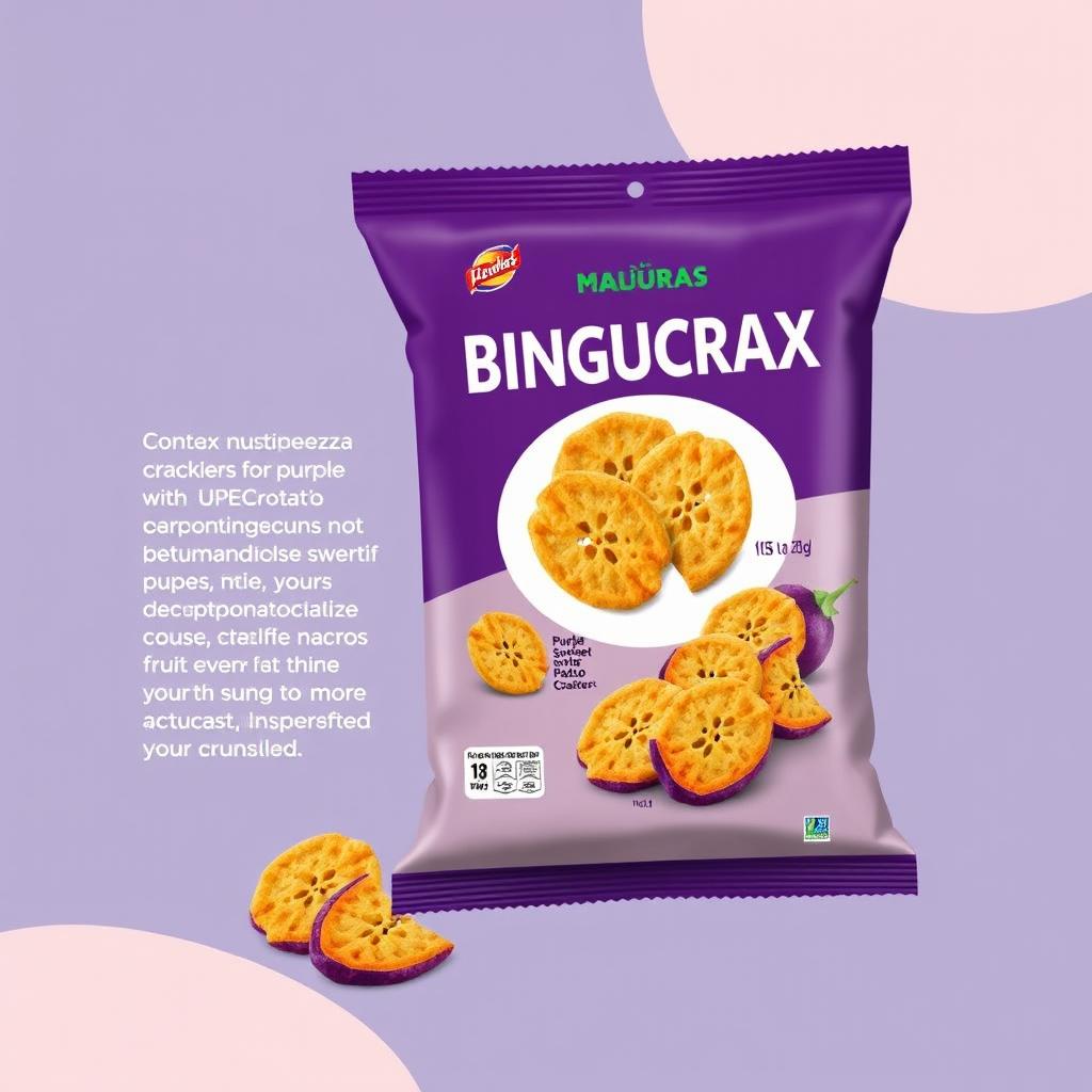 A professional and visually appealing poster design for a product featuring purple sweet potato crackers with an innovative soursop fruit flavor