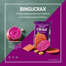 A professional and visually appealing poster design for a product featuring purple sweet potato crackers with an innovative soursop fruit flavor