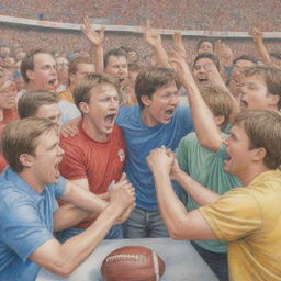 Transform the previous colored pencil sketch scene showing football fans arguing, now depicting them getting along well and celebrating together in unity.