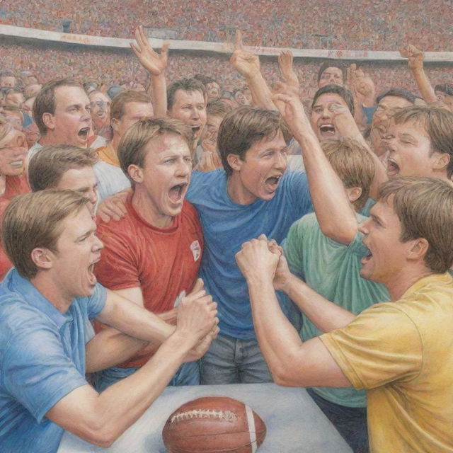 Transform the previous colored pencil sketch scene showing football fans arguing, now depicting them getting along well and celebrating together in unity.