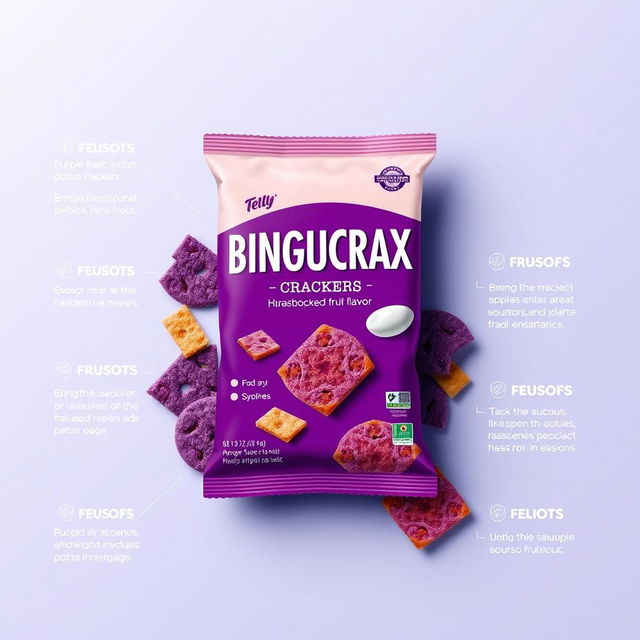 A professional and visually appealing poster design for a product featuring purple sweet potato crackers with an innovative soursop fruit flavor