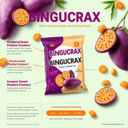 A professional and visually appealing poster design for a product featuring purple sweet potato crackers with an innovative soursop fruit flavor