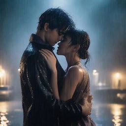 A dark romance scene of a young man giving a final kiss and hug to a shorter girl under heavy rain on a night