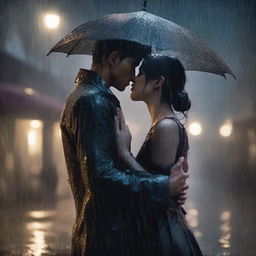 A dark romance scene of a young man giving a final kiss and hug to a shorter girl under heavy rain on a night